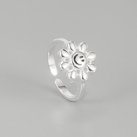 Anillo Abierto Retro de Plata de Ley 925 con Girasol y Cara Sonriente para Mujer Estilo INS Creativo Flor Ajustable