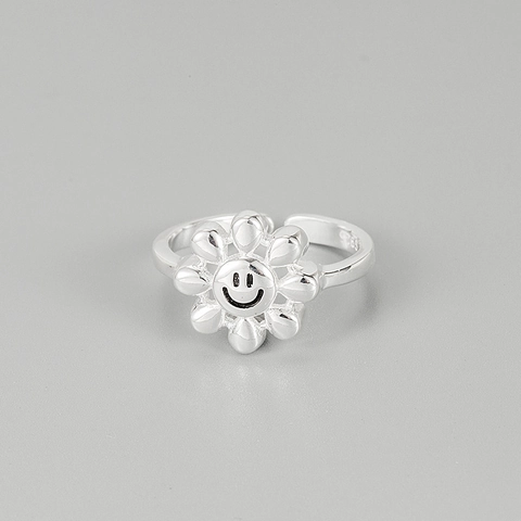 Anillo Abierto Retro de Plata de Ley 925 con Girasol y Cara Sonriente para Mujer Estilo INS Creativo Flor Ajustable