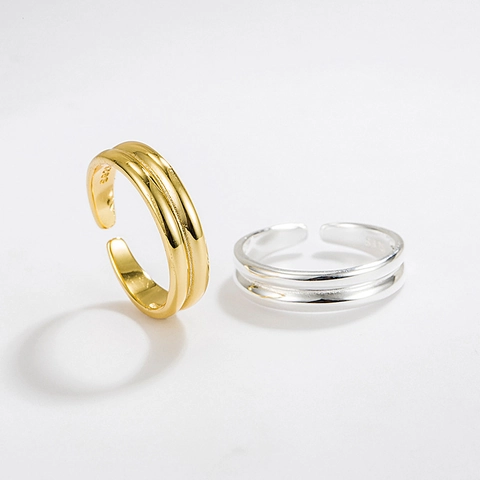 Anillo Abierto de Doble Capa de Plata de Ley 925 Minimalista para Mujer Ajustable Geométrico Chapado en Oro 18k Regalo