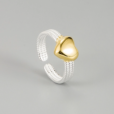 925 Sterlingsilber Herz Ring Für Damen Koreanischer INS Stil Zweifarbiger Gold Silber Gedrehter Verstellbarer Offener Ring