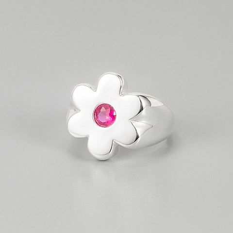925 Sterling Silver Flower Zirconia Adjustable Open Ring Pink Stone White Enamel Vintage Elegant Jewelry For Women Gift