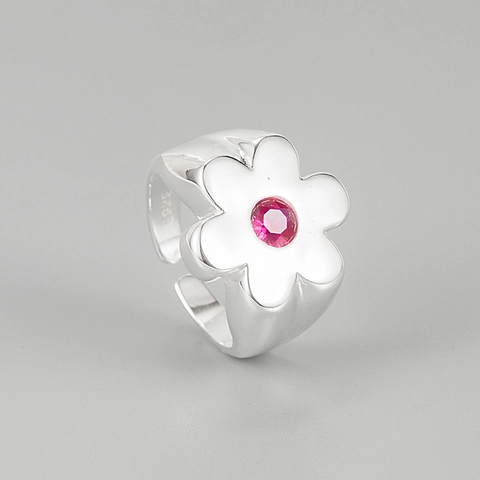 925 Sterling Silver Flower Zirconia Adjustable Open Ring Pink Stone White Enamel Vintage Elegant Jewelry For Women Gift