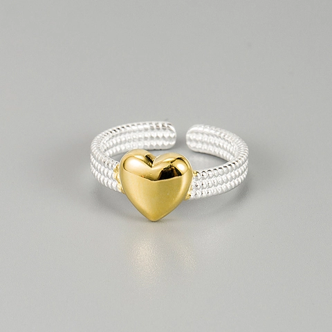 925 Sterlingsilber Herz Ring Für Damen Koreanischer INS Stil Zweifarbiger Gold Silber Gedrehter Verstellbarer Offener Ring