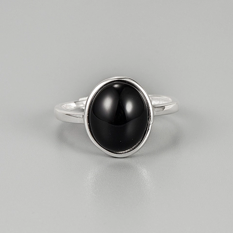 Anello in Argento Sterling 925 con Agata Nera Ovale per Donna Vintage Minimalista Anello Aperto Regolabile Gioielli di Moda