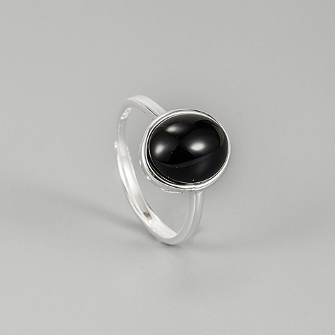 Anello in Argento Sterling 925 con Agata Nera Ovale per Donna Vintage Minimalista Anello Aperto Regolabile Gioielli di Moda