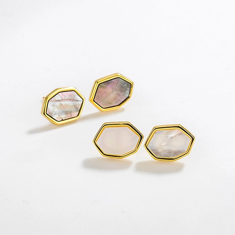 Orecchini a Lobo Esagonali Geometrici in Argento Sterling S925 per Donna con Conchiglia di Madreperla Naturale Intarsiata