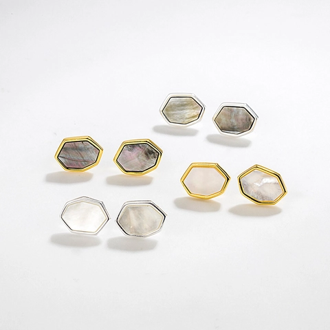 Orecchini a Lobo Esagonali Geometrici in Argento Sterling S925 per Donna con Conchiglia di Madreperla Naturale Intarsiata