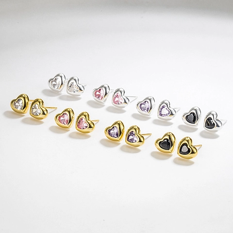 S925 Sterling Silver Heart Stud Earrings Colorful Heart Rhinestone Inlaid Minimalist Small Ear Studs Jewelry For Women Girls Gift