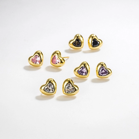 S925 Sterling Silver Heart Stud Earrings Colorful Heart Rhinestone Inlaid Minimalist Small Ear Studs Jewelry For Women Girls Gift
