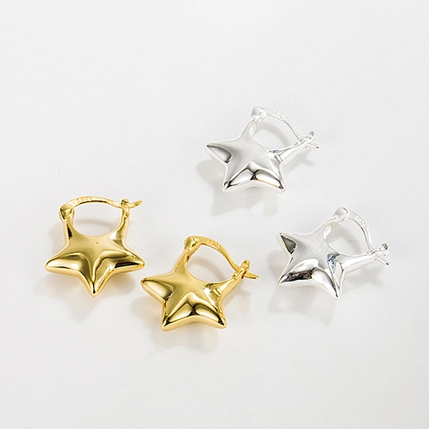 Pendientes de Aro de Estrella de Plata de Ley 925 Para Mujer Diseño de Nicho Pentagrama Geométrico 3D Joyería Bañada en Oro