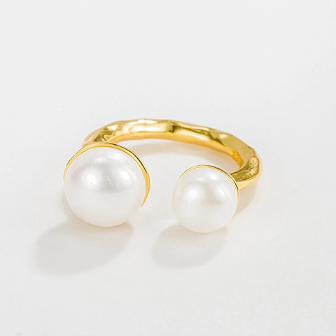 S925 Sterling Silver Freshwater Pearl Open Ring For Women Adjustable Hammered Texture U-shaped Elegant Finger Jewelry