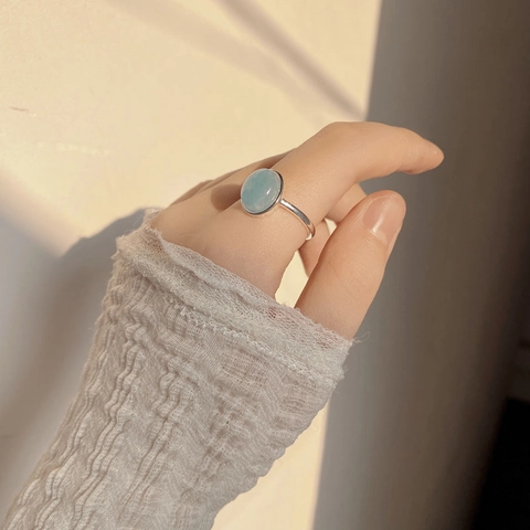 925 Sterling Zilveren Ovale Aquamarijn Kristallen Ring Minimalistische Koreaanse INS Stijl Open Verstelbare Vingerring Vrouwen Sieraden