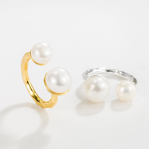 S925 Sterling Silver Freshwater Pearl Open Ring For Women Adjustable Hammered Texture U-shaped Elegant Finger Jewelry