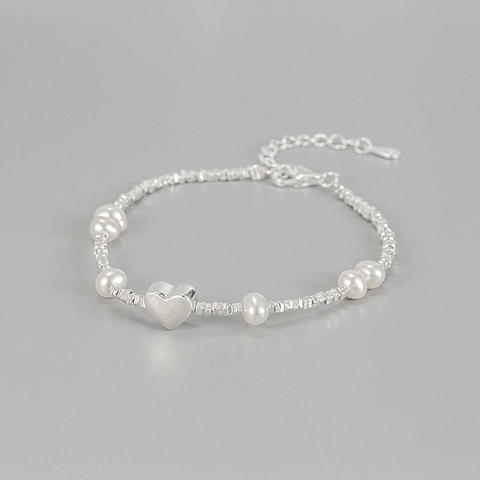Pulsera de Plata de Ley S925 Corazón con Perla Artificial para Mujer Hecho a Mano Migas de Plata Ajustable Joyería de Personalidad