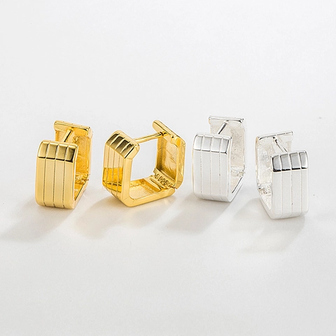 Minimalist S925 Sterling Silver Square Hoop Earrings For Women Ribbed Vertical Striped Geometric Cube Huggie Earrings Hypoallergenic Jewelry