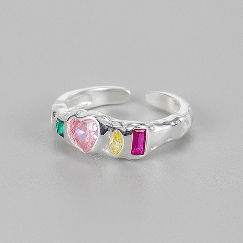 S925 Sterlingsilber Ring Mit Unregelmäßiger Textur Für Damen Vintage Bunte Zirkonia Inlay Herz Verstellbarer Fingerring