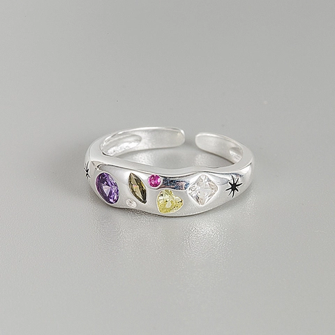 S925 Sterlingsilber Bunter Zirkonia Offener Ring Vintage Unregelmäßige Geometrische Welle Stern Verstellbar Damen Schmuck