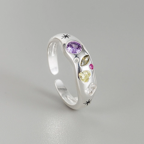 S925 Sterlingsilber Bunter Zirkonia Offener Ring Vintage Unregelmäßige Geometrische Welle Stern Verstellbar Damen Schmuck