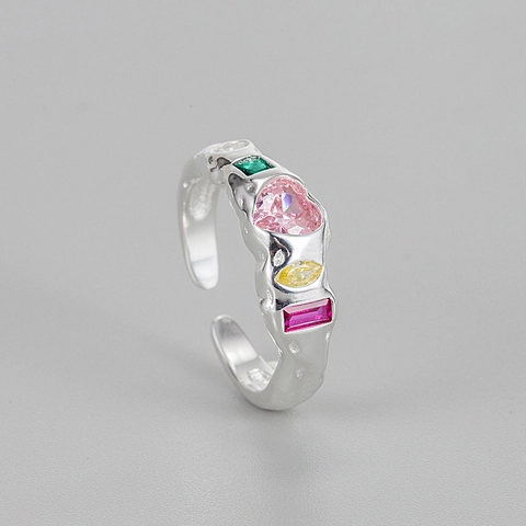 S925 Sterlingsilber Ring Mit Unregelmäßiger Textur Für Damen Vintage Bunte Zirkonia Inlay Herz Verstellbarer Fingerring