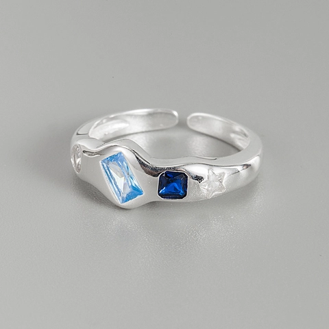 Anillo Ajustable de Plata de Ley S925 Diseño Geométrico de Onda Irregular con Circonia Azul para Mujer