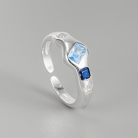 Anillo Ajustable de Plata de Ley S925 Diseño Geométrico de Onda Irregular con Circonia Azul para Mujer