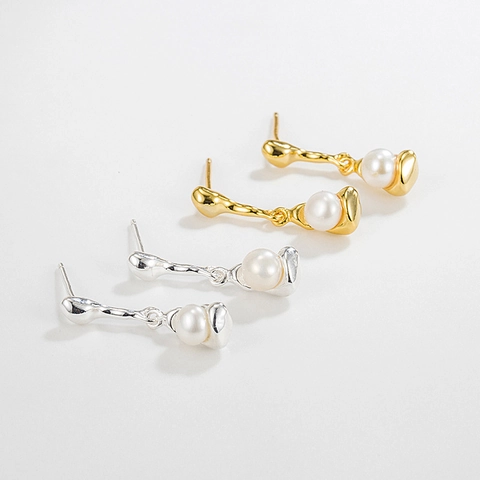 925 Sterlingsilber Flüssiges Metall Künstliche Perle Ohrringe Für Damen Unregelmäßiges Fluid Design Mode Schmuck Accessoire