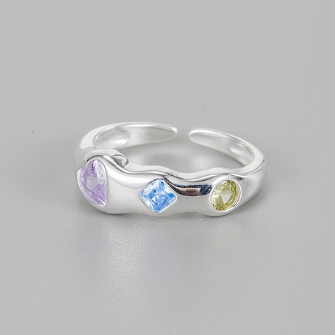925 Sterlingsilber Irregulär Welle Ring Farbige Zirkonia Verstellbar Fingerring Für Damen Modern Süß Schmuck
