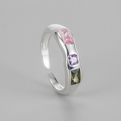S925 Plata de Ley Anillo Ajustable Abierto Onda Irregular Diamantes de Imitación Coloridos Joyería Geométrica Estilo Coreano Mujer