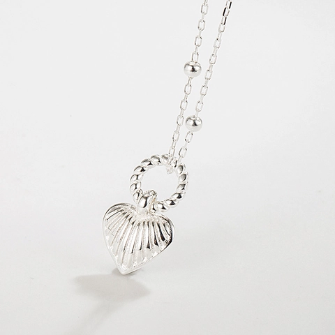 Collar con Colgante de Corazón de Plata de Ley 925 Tendencia Coreana Efecto Láser Cadena de Cuentas Joyas para Mujer