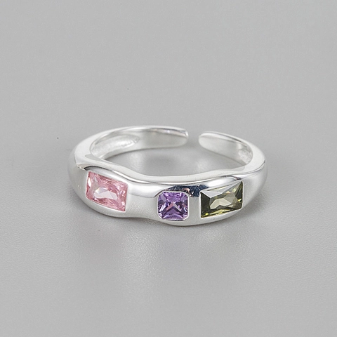 S925 Plata de Ley Anillo Ajustable Abierto Onda Irregular Diamantes de Imitación Coloridos Joyería Geométrica Estilo Coreano Mujer
