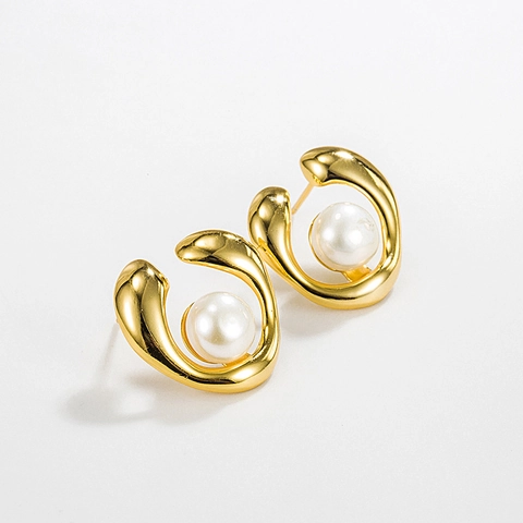 Pendientes de Botón de Plata de Ley 925 con Perla de Agua Dulce Mujer Diseño Geométrico Vintage Oro 18K Joyería