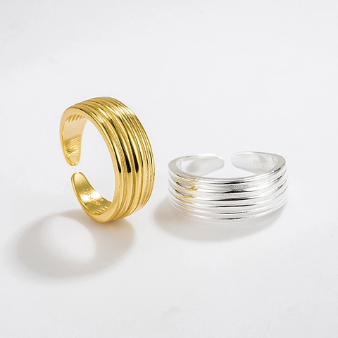 Anillo Ajustable Abierto de Plata de Ley S925 con Líneas de Varias Capas Para Mujer Chapado en Oro de 18K Anillo Geométrico Ondulado Joyería