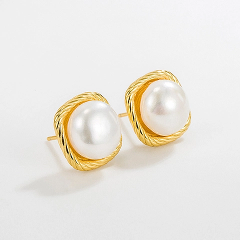 French Vintage S925 Sterling Silver Freshwater Pearl Stud Earrings Square Rope Wrap Geometric Studs Jewelry For Women