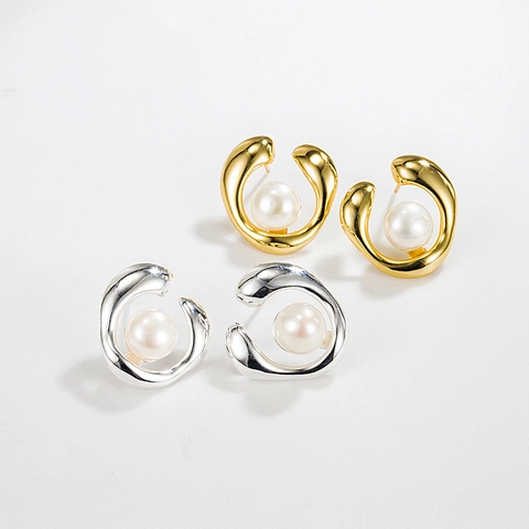 Pendientes de Botón de Plata de Ley 925 con Perla de Agua Dulce Mujer Diseño Geométrico Vintage Oro 18K Joyería