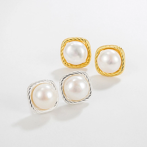 French Vintage S925 Sterling Silver Freshwater Pearl Stud Earrings Square Rope Wrap Geometric Studs Jewelry For Women