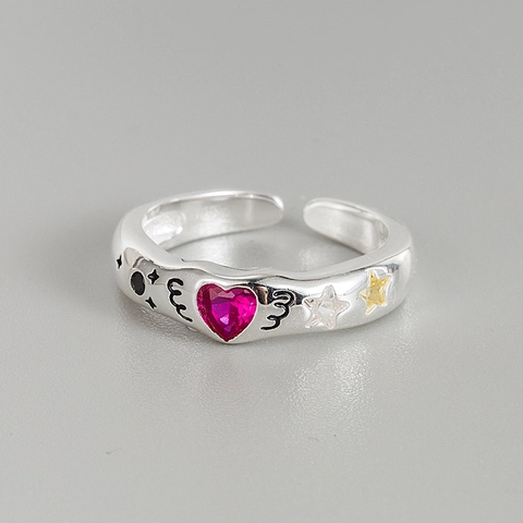 925 Sterling Silver Heart Pink Zirconia Open Adjustable Ring Geometric Sweet Cool Design Fashion Finger Jewelry For Women