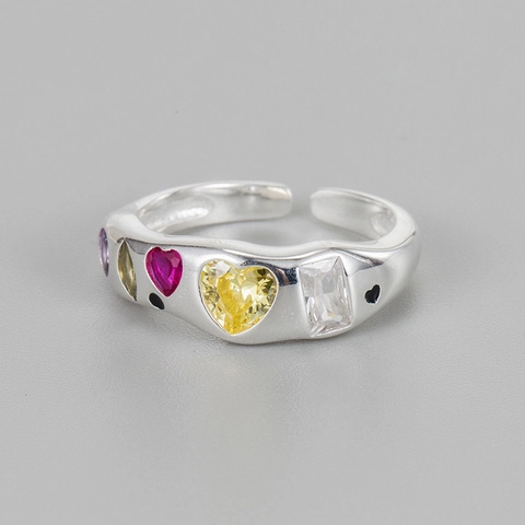 Anillo de Corazón de Plata de Ley 925 Circonita Colorida para Mujer Anillo Ajustable de Onda Irregular Joyería Elegante Regalo