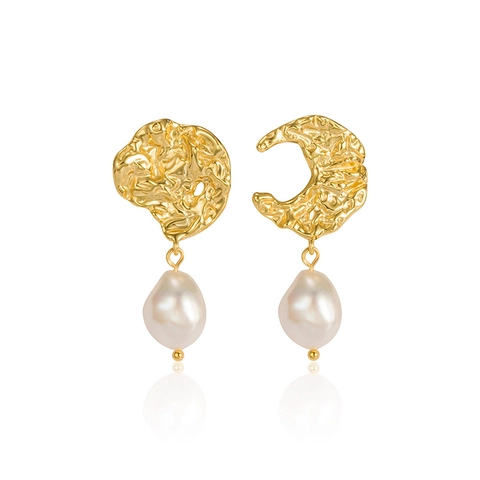 French Vintage 925 Sterling Silver Natural Baroque Pearl Earrings Asymmetric Lava Texture Moon Stud Earrings For Women