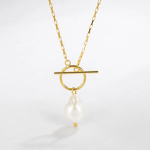 Collana con Pendente in Argento Sterling 925 con Perla Artificiale Barocca e Chiusura a T Gioielli Minimalisti Francesi per Donna