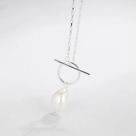 Collana con Pendente in Argento Sterling 925 con Perla Artificiale Barocca e Chiusura a T Gioielli Minimalisti Francesi per Donna
