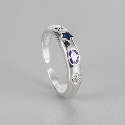 S925 Sterlingsilber Geometrischer Offener Ring Für Damen Retro Mikro Eingelegter Zirkonia Bunter Stern Verstellbarer Fingerring Schmuck