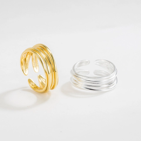 S925 Sterlingsilber Mehrlagiger Verflochtener Offener Ring Minimalistisch Unregelmäßige Parallele Linien Verstellbarer Ring