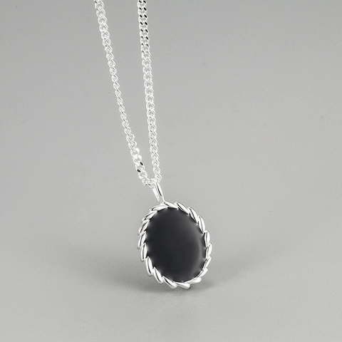 Vintage S925 Sterlingsilber Oval Schwarz Emaille Anhänger Halskette Für Damen Retro Französischer Stil Schlüsselbeinkette Schmuck Geschenk