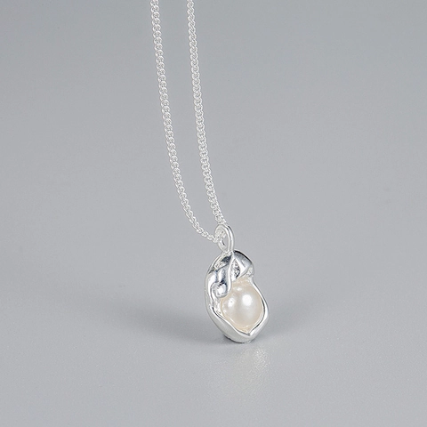 Collana con Perla d'Acqua Dolce in Argento Sterling 925 per Donna Design a Fagiolo Irregolare Catena Minimalista Francese