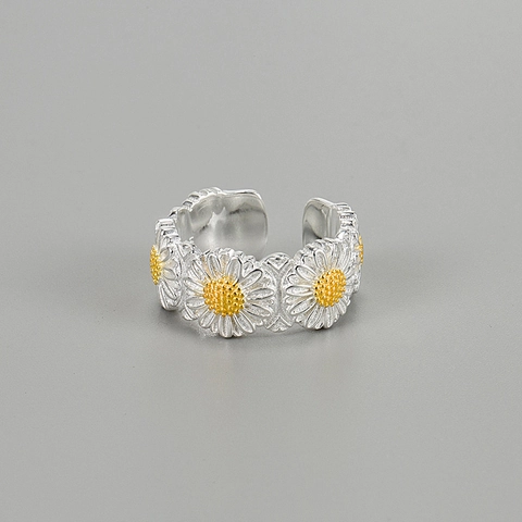 Anillo Abierto de Plata de Ley S925 con Flor de Margarita para Mujer Anillo Ajustable Minimalista Floral Joyería Regalo