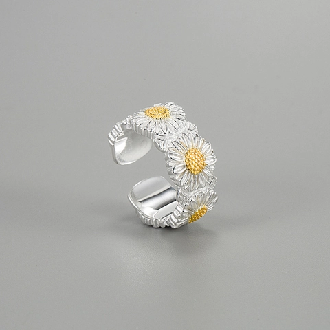 Anillo Abierto de Plata de Ley S925 con Flor de Margarita para Mujer Anillo Ajustable Minimalista Floral Joyería Regalo