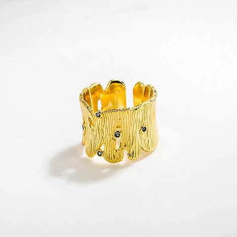 Anillo Abierto de Plata de Ley 925 para Mujer Vintage Textura de Corteza Strass Incrustado Oro Plata Joyería