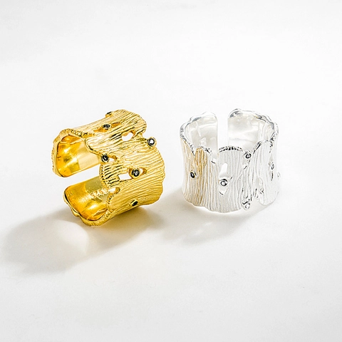 Anillo Abierto de Plata de Ley 925 para Mujer Vintage Textura de Corteza Strass Incrustado Oro Plata Joyería
