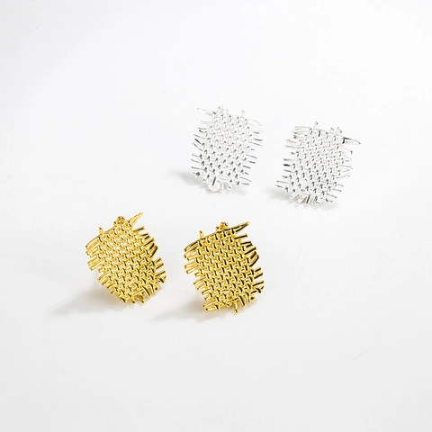 S925 Sterling Silver Woven Texture Stud Earrings Geometric Irregular Grid Pattern Retro Ins Style Metal Ear Jewelry For Women