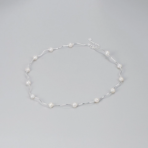 S925 Sterling Silver Wavy Freshwater Pearl Necklace For Women Minimalist Korean INS Style Adjustable Clavicle Chain Elegant Handmade Jewelry